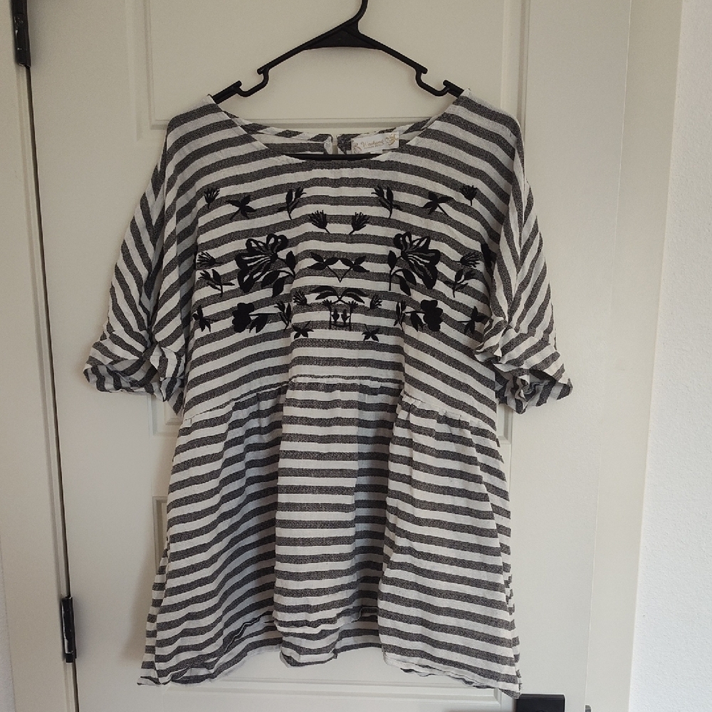 Striped Embroidered Peasant Blouse - Black & White
